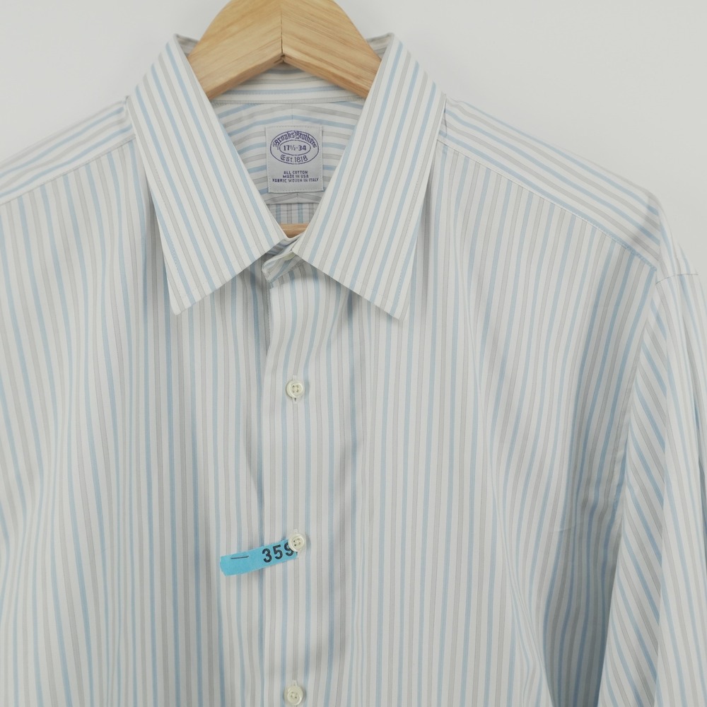 Brooks Brothers Dress Shirt Mens 17.5-34 Blue Gray Stripe Italian Fabric USA